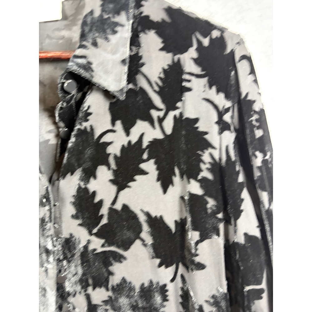 Vintage Express Silk Blend Velvet Burnout‎ Leaf Blouse Black Grey Large Devore - Picture 4 of 10